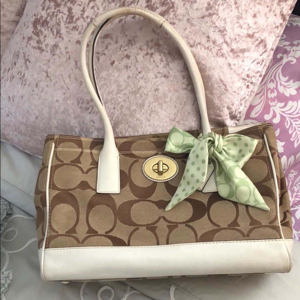White & Tan Coach Satchel/Shoulder Handbag
